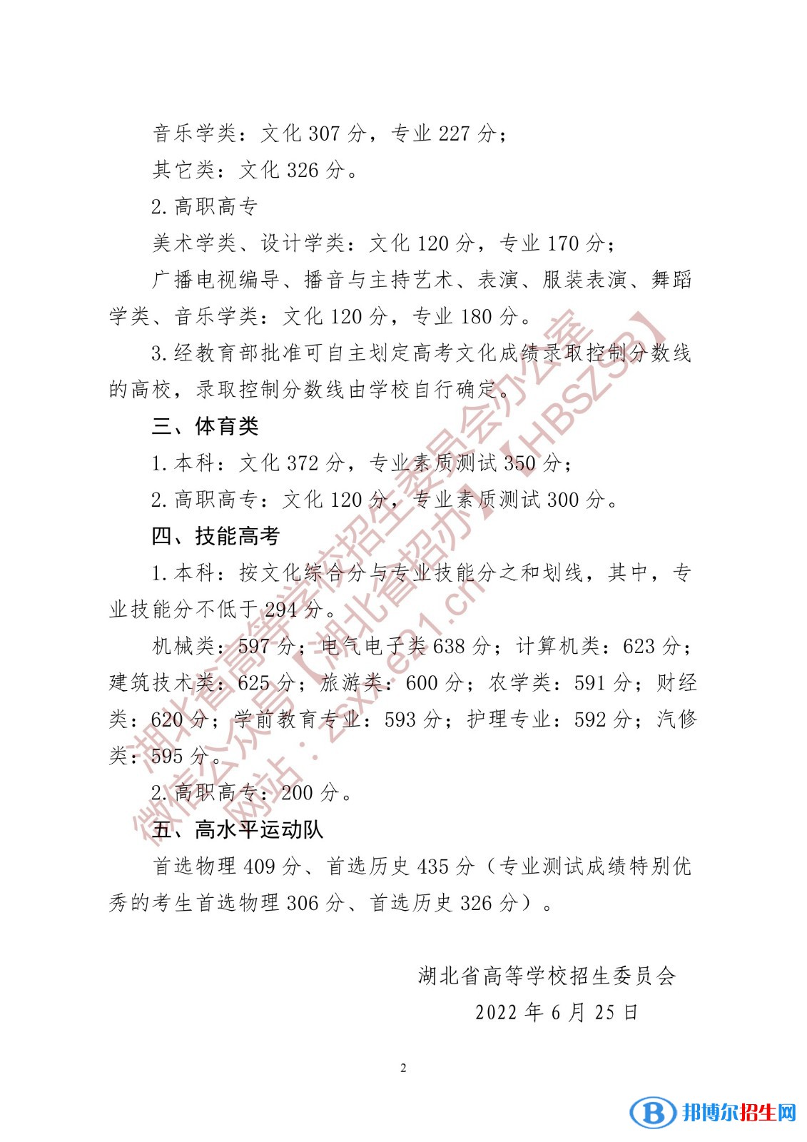 2022年湖北高考特殊類型分數(shù)線（物理+歷史）